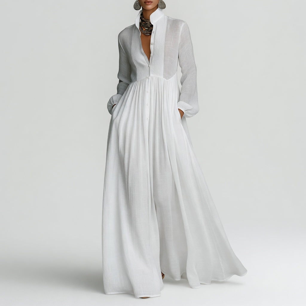 Robe maxi minimaliste raffinée Élisa™ en blanc par Danoir Paris, robe longue élégante pour femme.