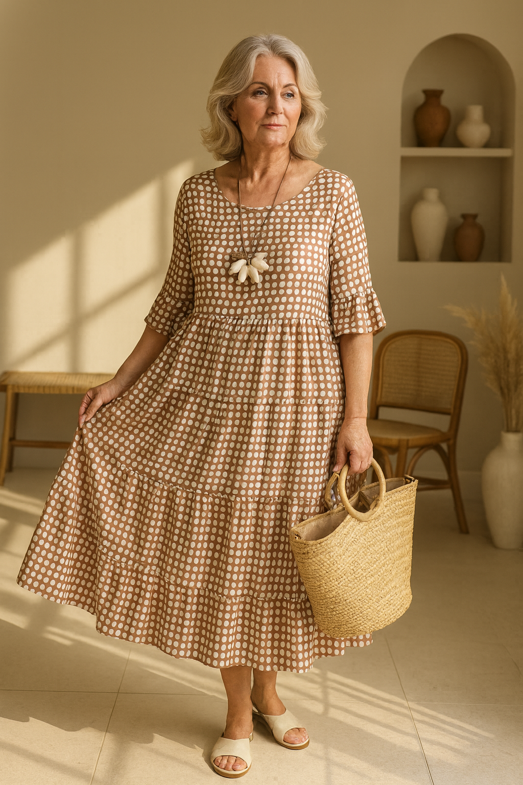 Robe midi courte Zara Danoir Paris en couleur marron, manches courtes et coupe élégante, vue de face sur mannequin.