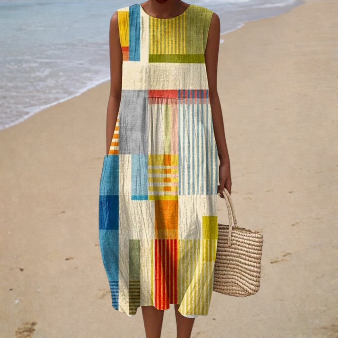 Robe midi graphique Madeleine de Danoir Paris, robe élégante pour femmes avec motif moderne, vue de face sur fond blanc.