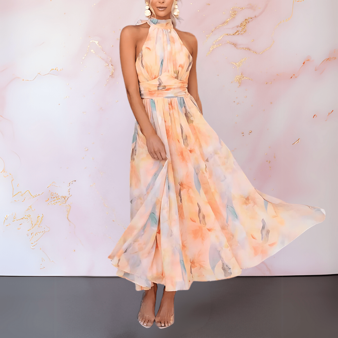 Robe imprimée à aquarelle orange Esther de Danoir Paris avec col halter, vêtement élégant pour femmes.