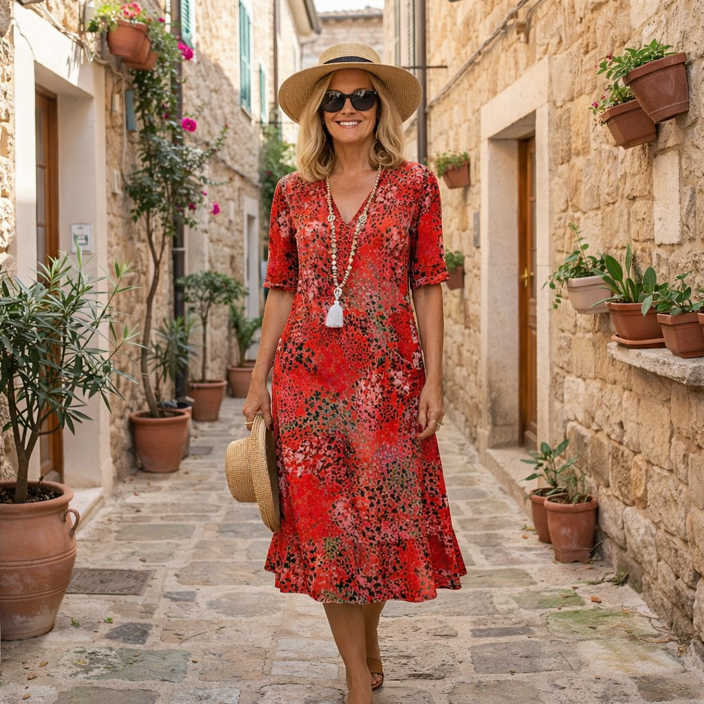Robe midi élégante imprimée Rachel de Danoir Paris en rouge scarlet, parfaite pour une allure sophistiquée.