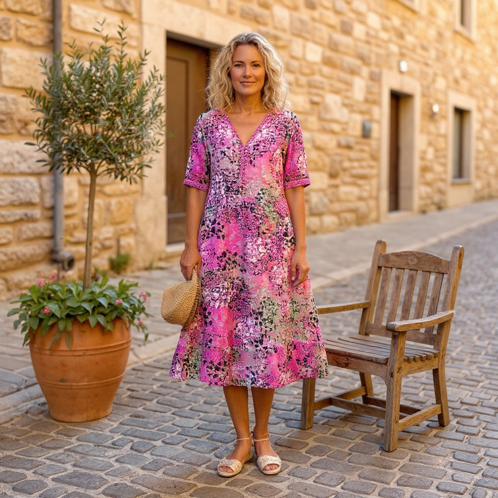 Robe midi élégante imprimée Rachel de Danoir Paris, rouge scarlet, avec un style sophistiqué et détails floraux.