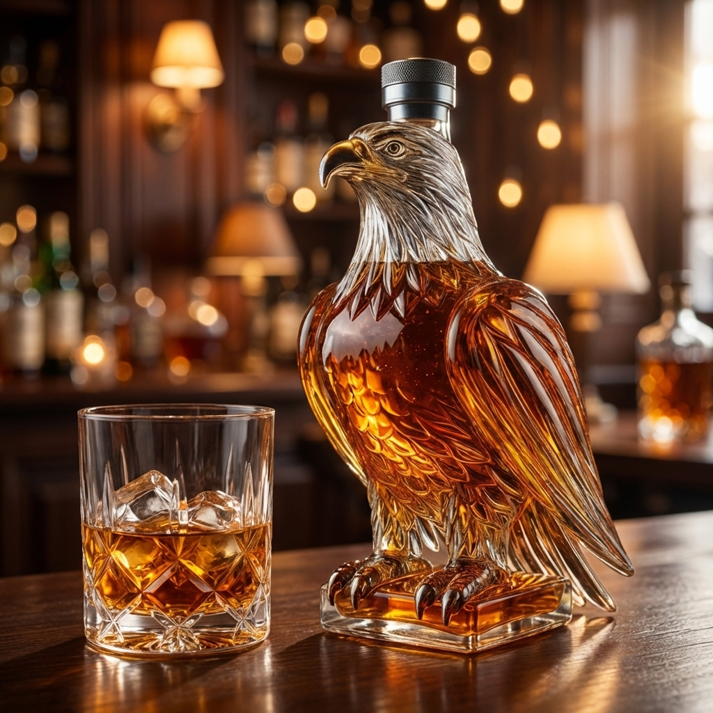 Carafe à whisky Danoir Paris Édition Aigle en verre transparent avec bouchon, élégante et ornée d'un motif aigle.