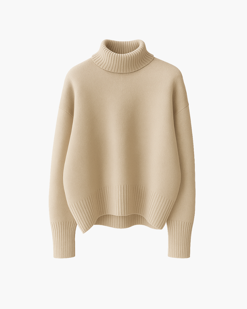Pull doux marron Danoir Paris avec col montant, porté en mode décontracté, en tissu chaud et confortable pour l'automne.