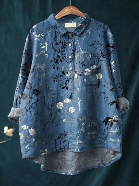 Blouse florale élégante Lila de Danoir Paris avec motifs floraux et coupe sophistiquée, vue de face sur mannequin.