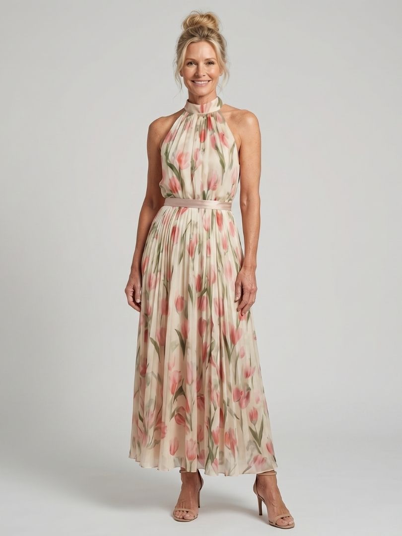 Robe midi à colhalter floral Danoir Paris, élégante et légère, avec motif floral coloré et coupe fluide.