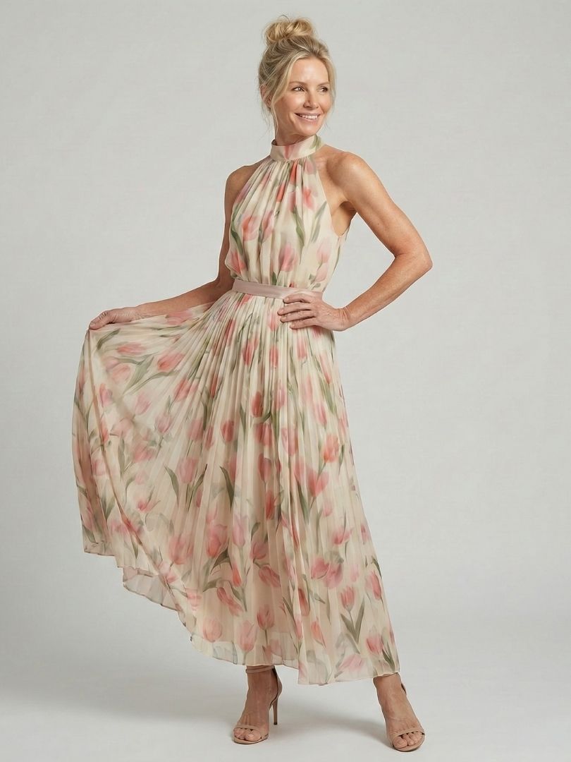 Robe midi florale Danoir Paris Aurelle à col halter, manches longues, tissu léger, style élégant et féminin.