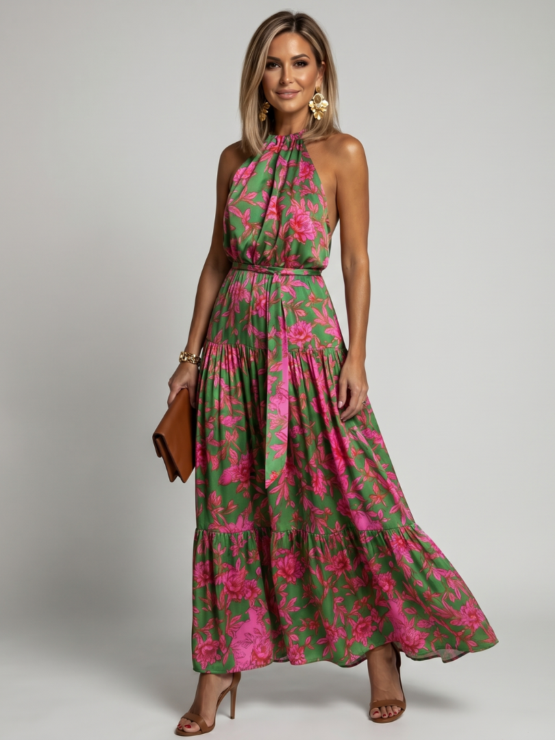 Robe midi fluide Danoir Paris Rowen à bustier drapé avec motifs floraux, élégance et style.