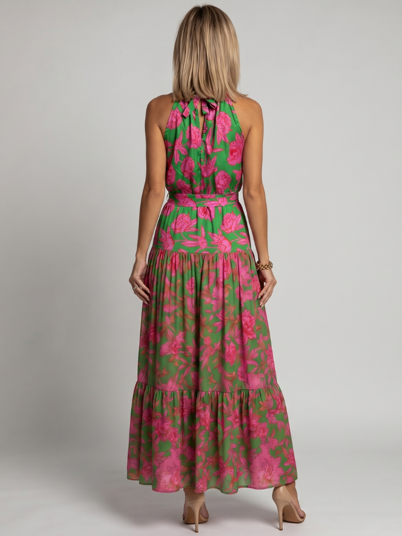 Robe midi fluide Danoir Paris, modèle Rowen à col halter drapé avec motif floral, élégante et féminine.