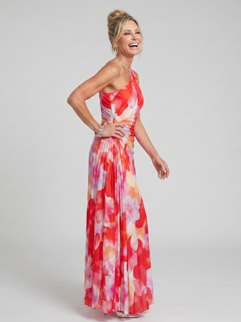 Robe midi à épaules dénudées Danoir Paris Taya avec bustier plissé floral, élégante et sophistiquée.