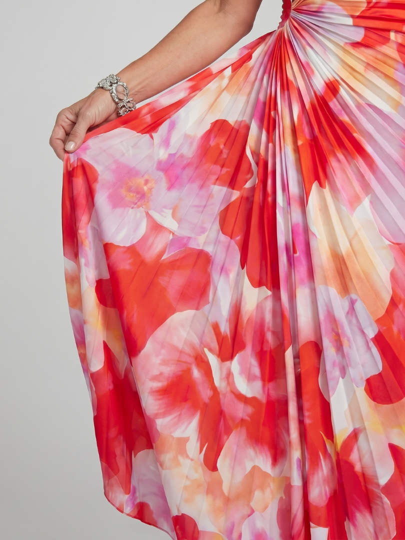 Robe midi à une épaule Danoir Paris Taya avec corsage plissé et motif floral, élégante et sophistiquée.
