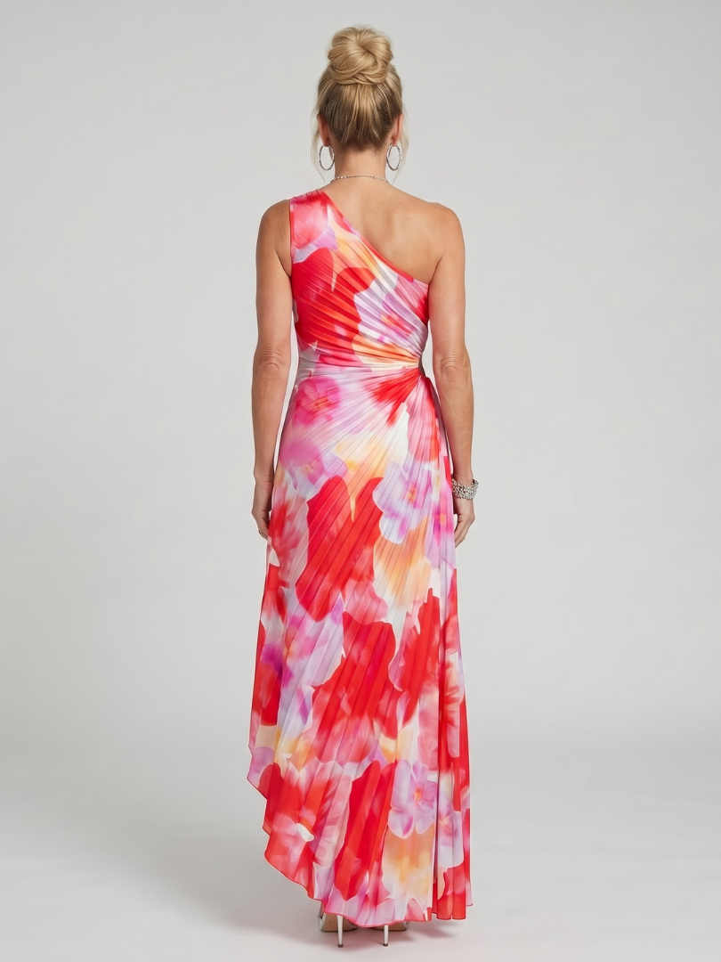Robe midi à une épaule Danoir Paris Taya avec bustier plissé et motif floral, élégante et sophistiquée.