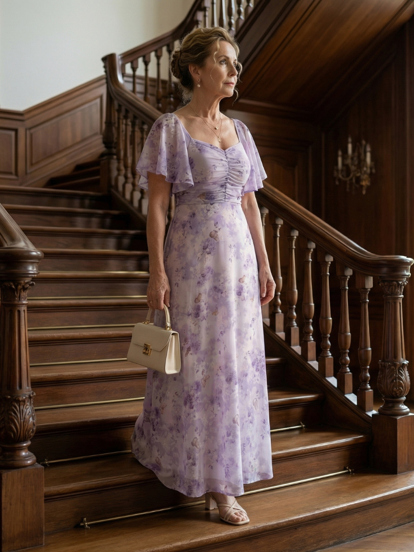 Robe midi fluide à manches volantées Vaelis de Danoir Paris avec motif floral, portée sur mannequin.