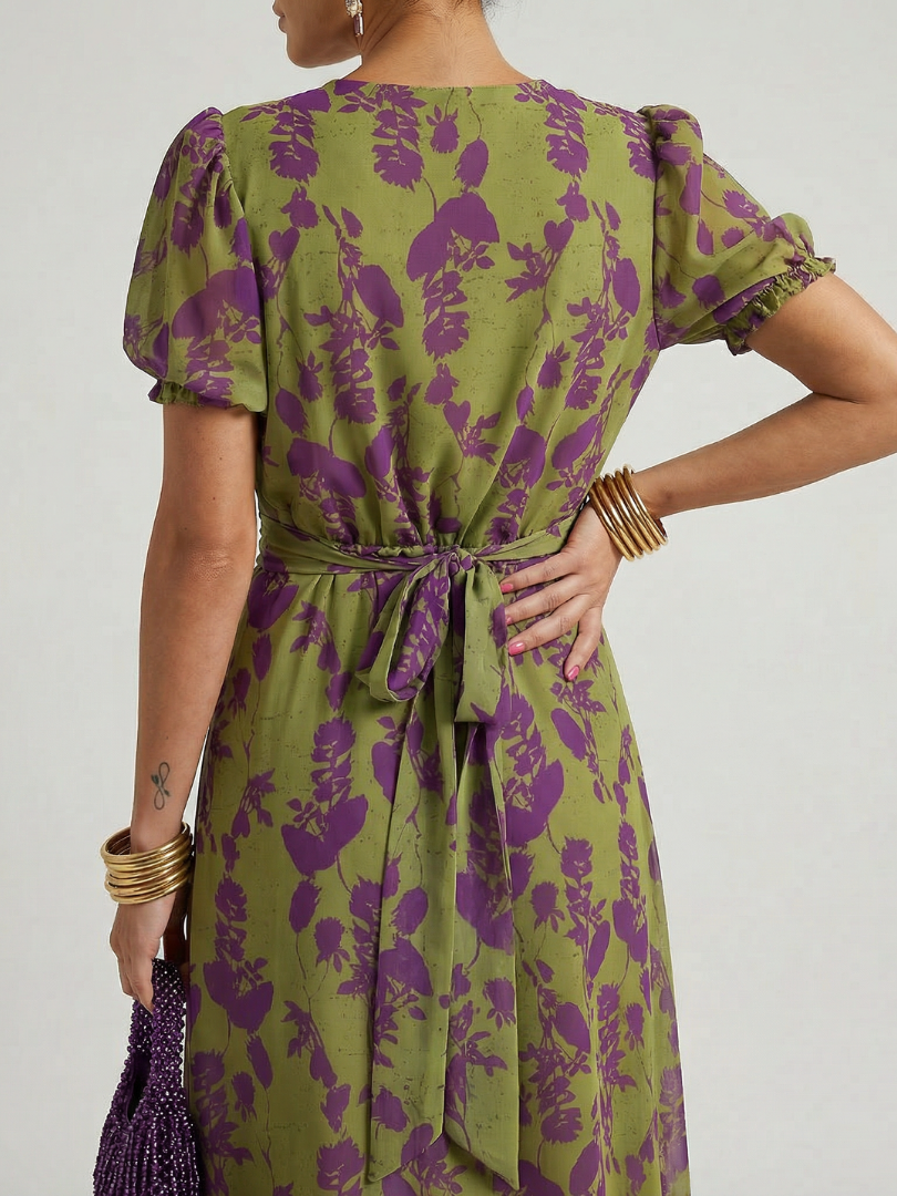 Robe midi florale décontractée Virel de Danoir Paris, tissu léger avec motif floral, portée élégante et confortable.