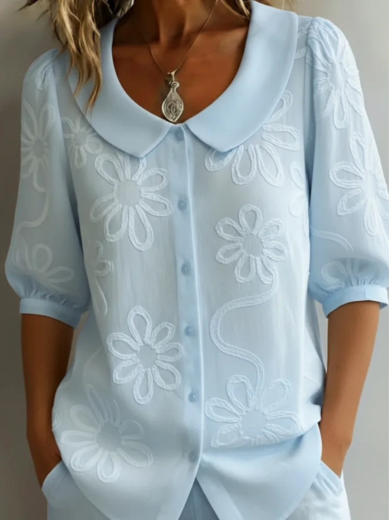 Blouse fleurie Sara de Danoir Paris, confortable, jaune, avec motif floral, pour femme, vue de face.