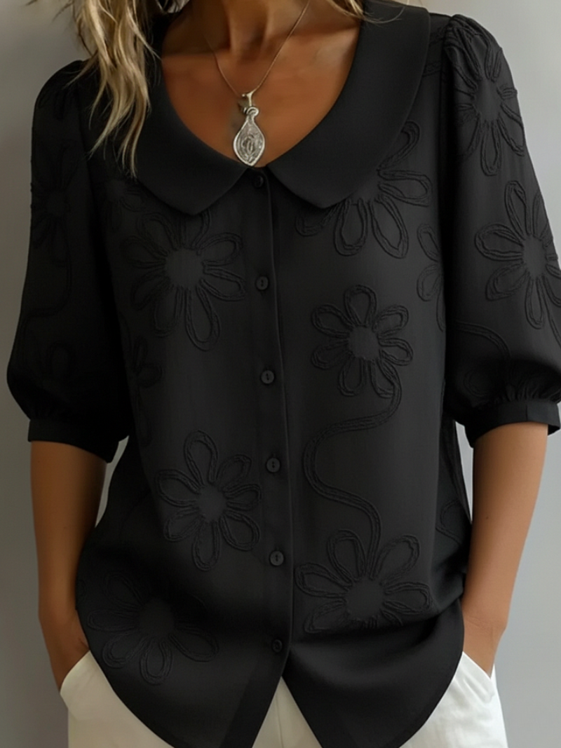 Blouse confortable fleurie Sara de Danoir Paris, couleur jaune, en tissu léger, pour un style décontracté et féminin.