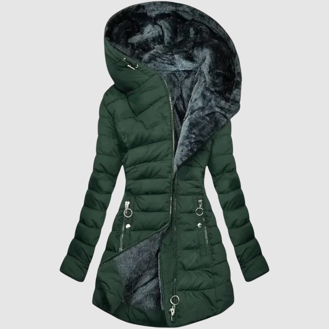 Veste en fausse fourrure Dahlberg™ Bekväm de Danoir Paris, vert clair, style élégant et chaud, vue de face.