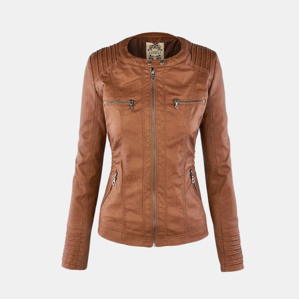 Veste chic élégante Danoir Paris Carmen en brun clair, coupe ajustée, style sophistiqué pour femme, vue de face.