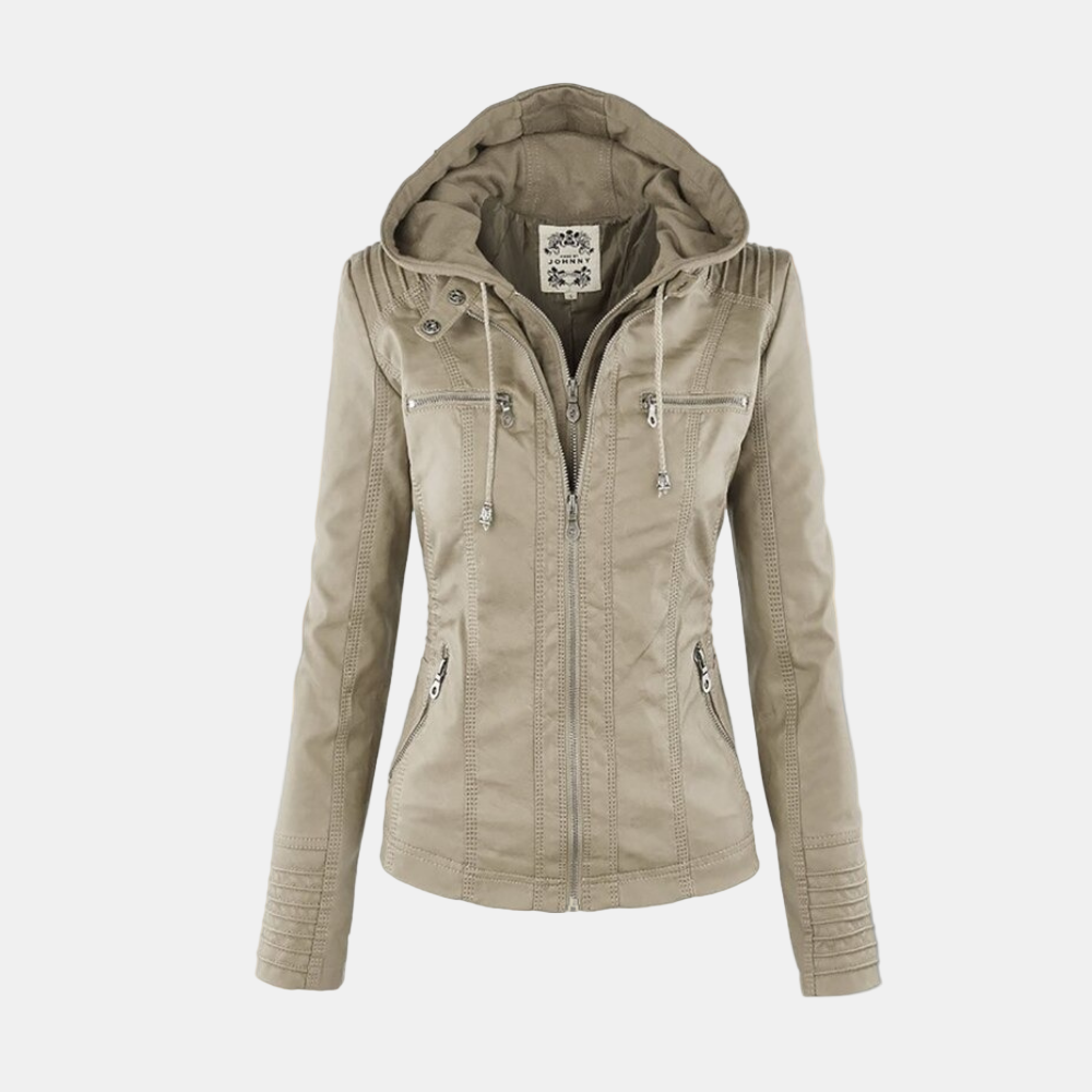 Veste élégante Danoir Paris Carmen en brun clair, coupe chic, tissu sophistiqué, vue de face, taille XXS.