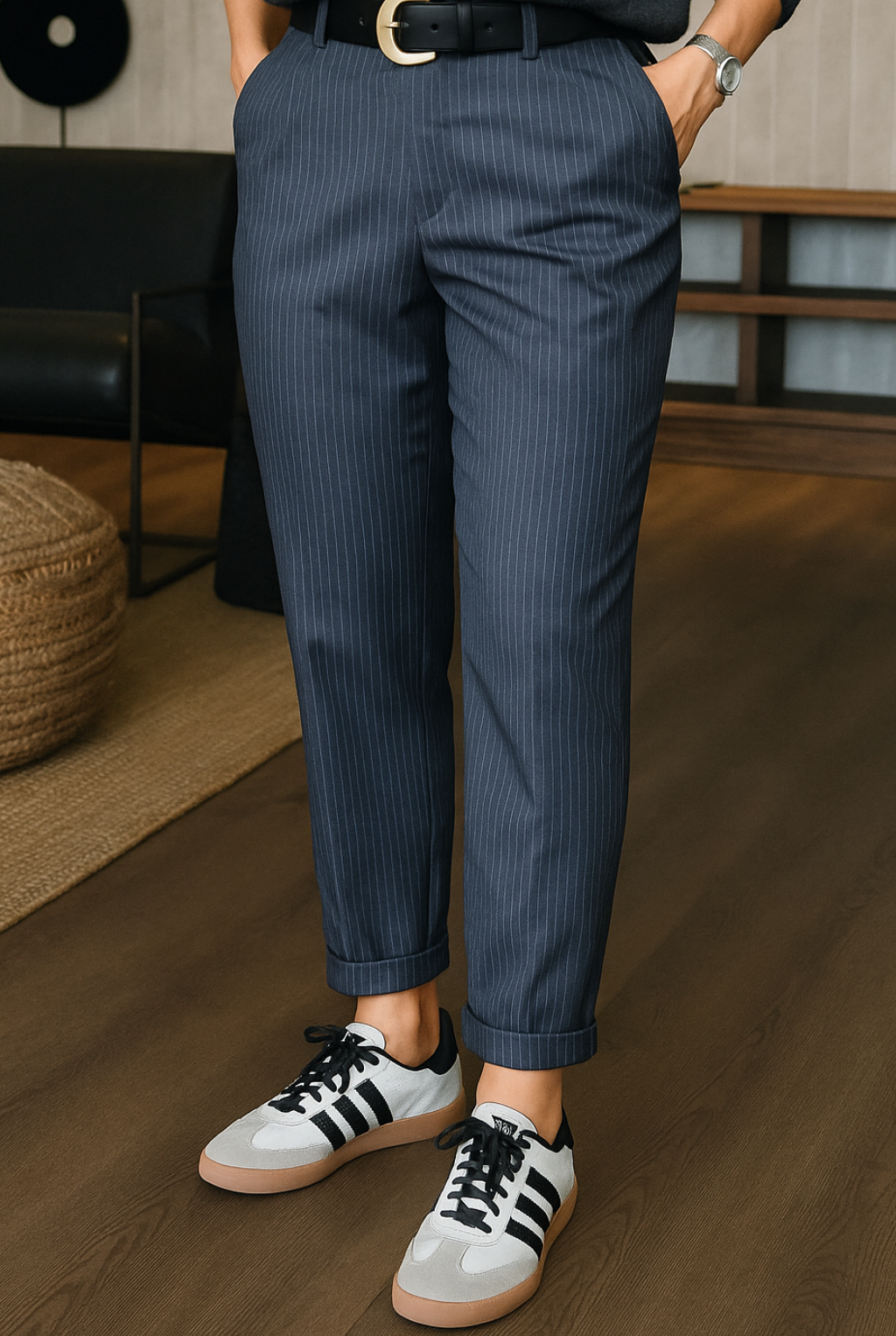 Pantalon élégant et polyvalent Mathilda de Danoir Paris en tissu bleu foncé, taille S, vue de face.