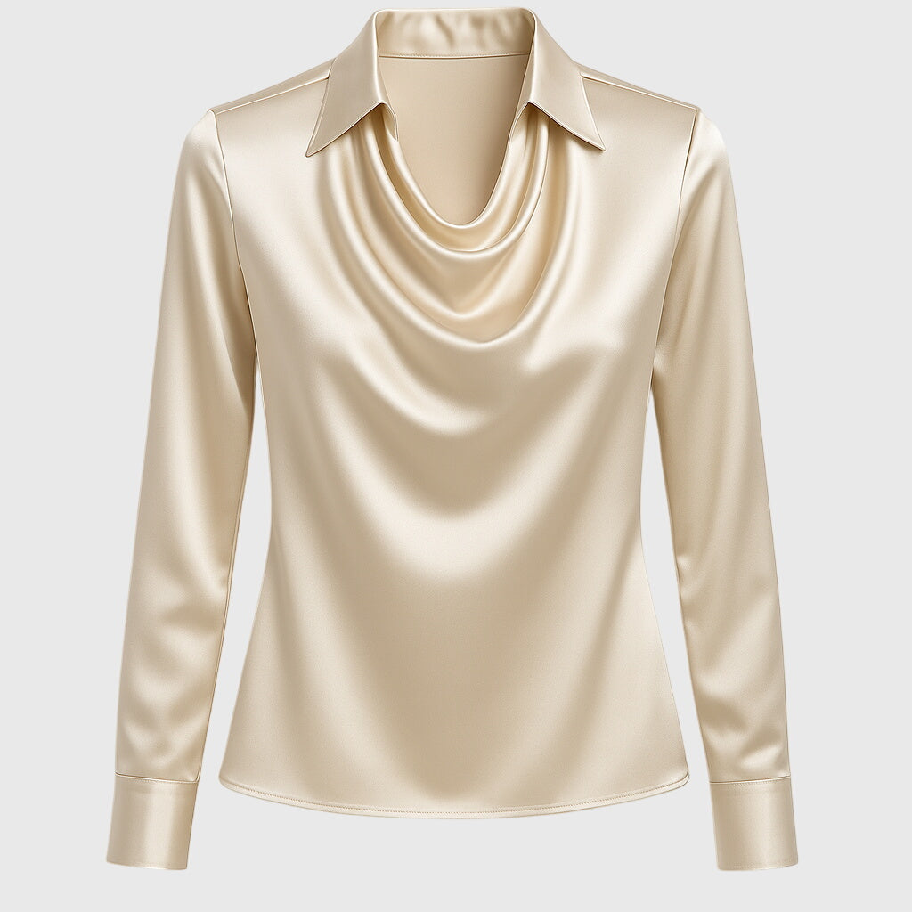 Blouse satinée élégante Brooklyn de Danoir Paris, taille XS, en tissu fluide et sophistiqué, vue en gros plan.