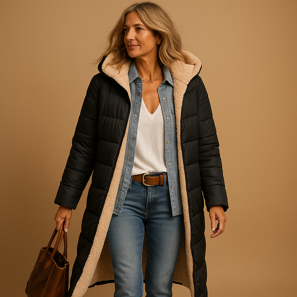 Manteau chic d'hiver Cassandra de Danoir Paris en noir, style élégant, avec col et boutons, pour femme.