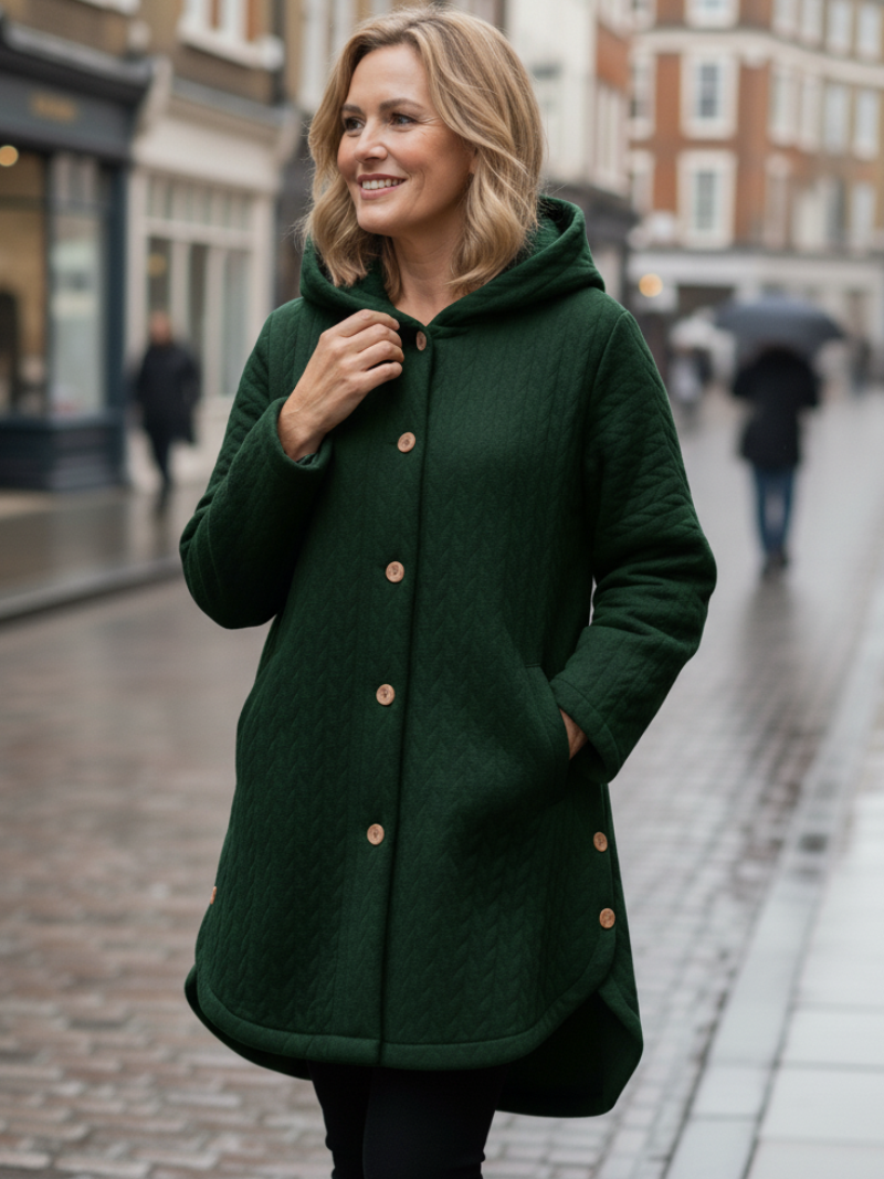 Veste matelassée automnale Danoir Paris Julie Élégance en rouge Bourgogne, détail du design chic et chaud.
