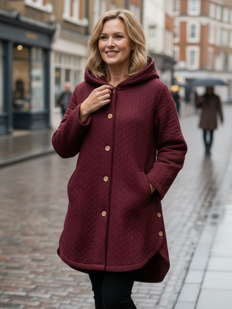 Veste matelassée automnale Danoir Paris Julie en rouge bourgogne, style élégant et chaud pour l'automne.