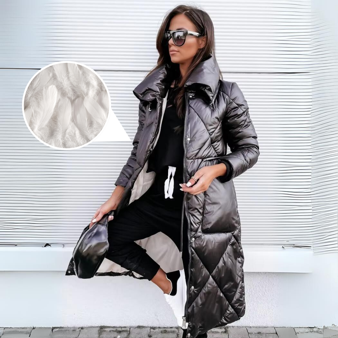Manteau long noir Danoir Paris Élégance, chic et chaud, avec coupe élégante et tissu sophistiqué pour femmes.