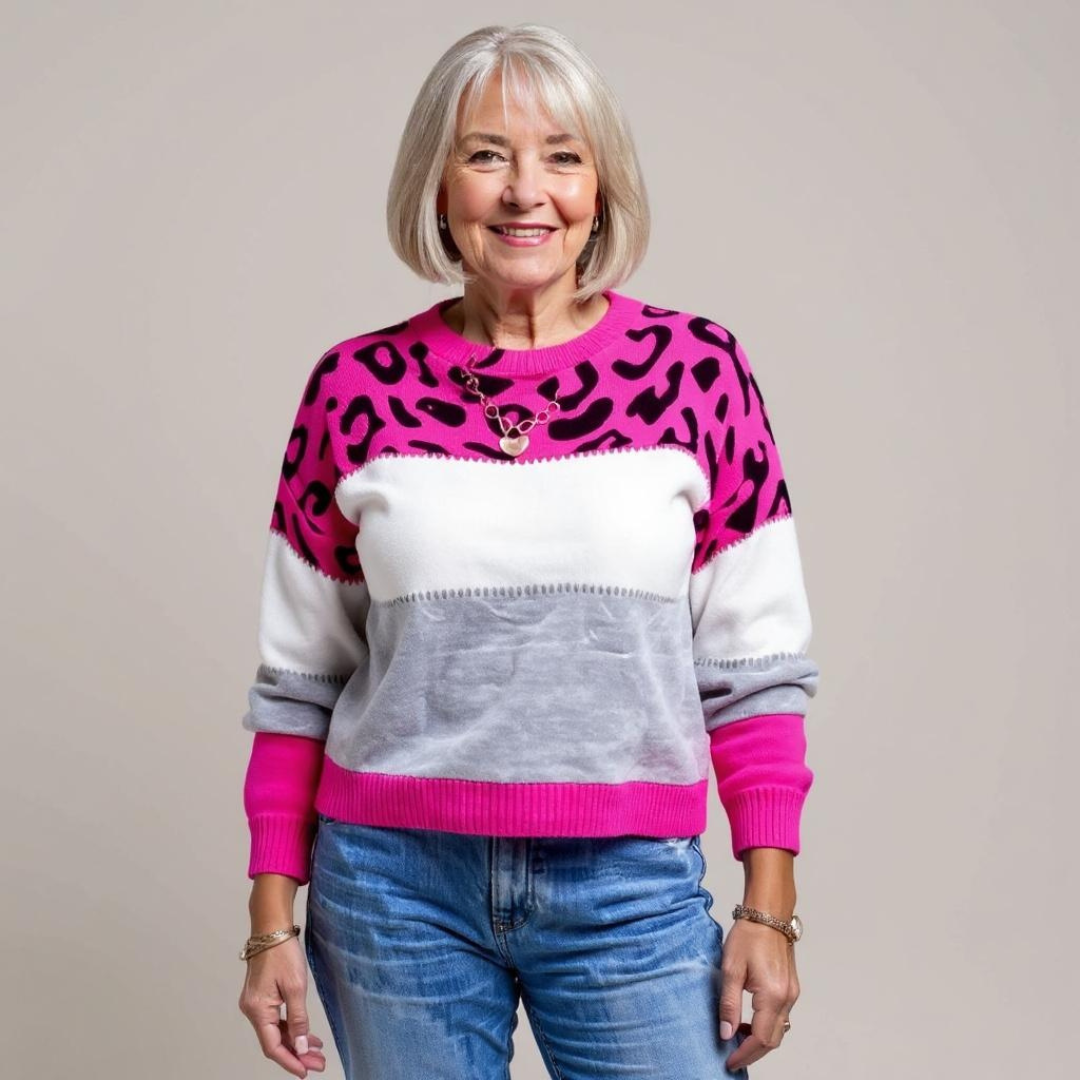 Pull léopard Danoir Paris Pascalina, confortable, en gris, col rond et coupe décontractée, idéal pour un style élégant et décontracté.