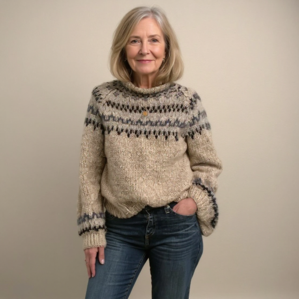 Pull islandais vintage fait main Ashley de Danoir Paris, en laine bleue avec motifs traditionnels, porté sur un mannequin.