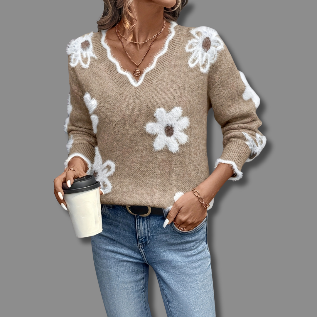 Pull floral gris Danoir Paris Thea, élégant et chic, avec motif floral délicat en tissu doux.
