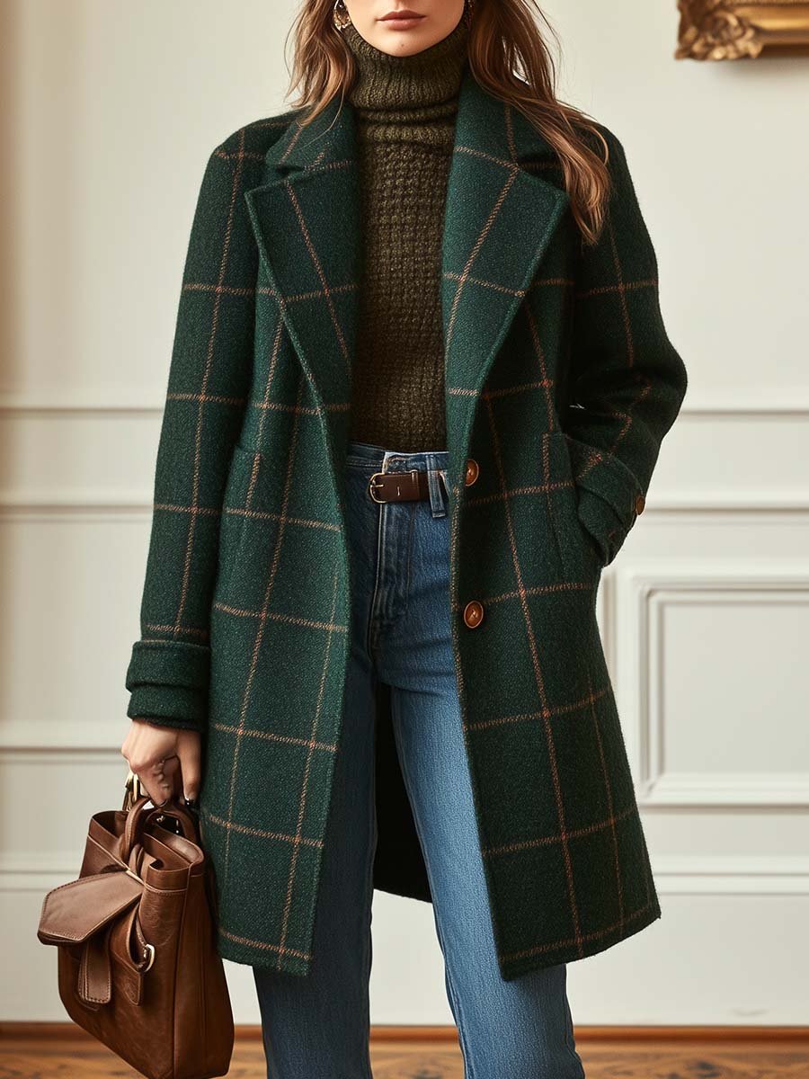 Manteau classique à carreaux Elena de Danoir Paris, en tissu vert, coupe élégante pour femmes, style intemporel.