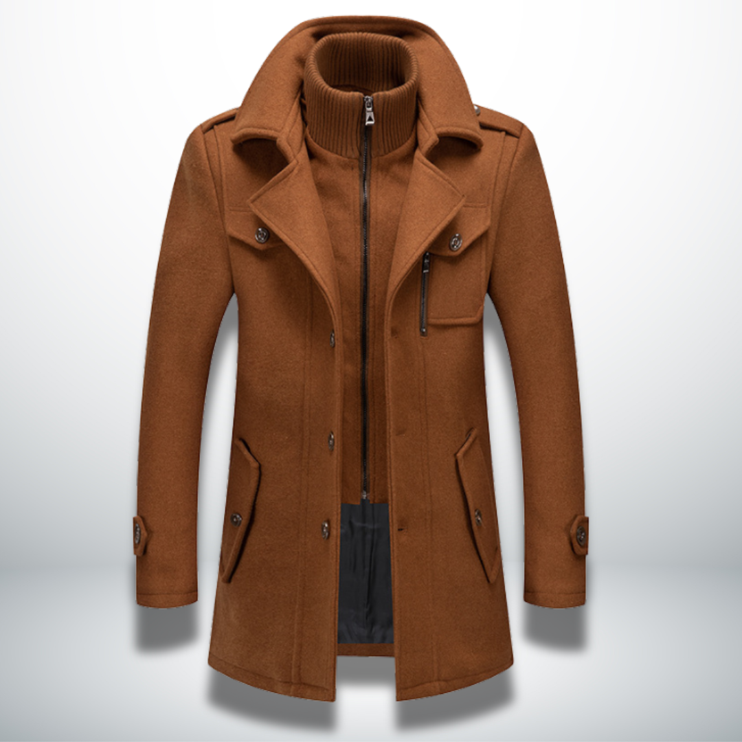 Manteau d'hiver élégant Angelo Danoir Paris en bleu marine, coupe classique et détails sophistiqués.