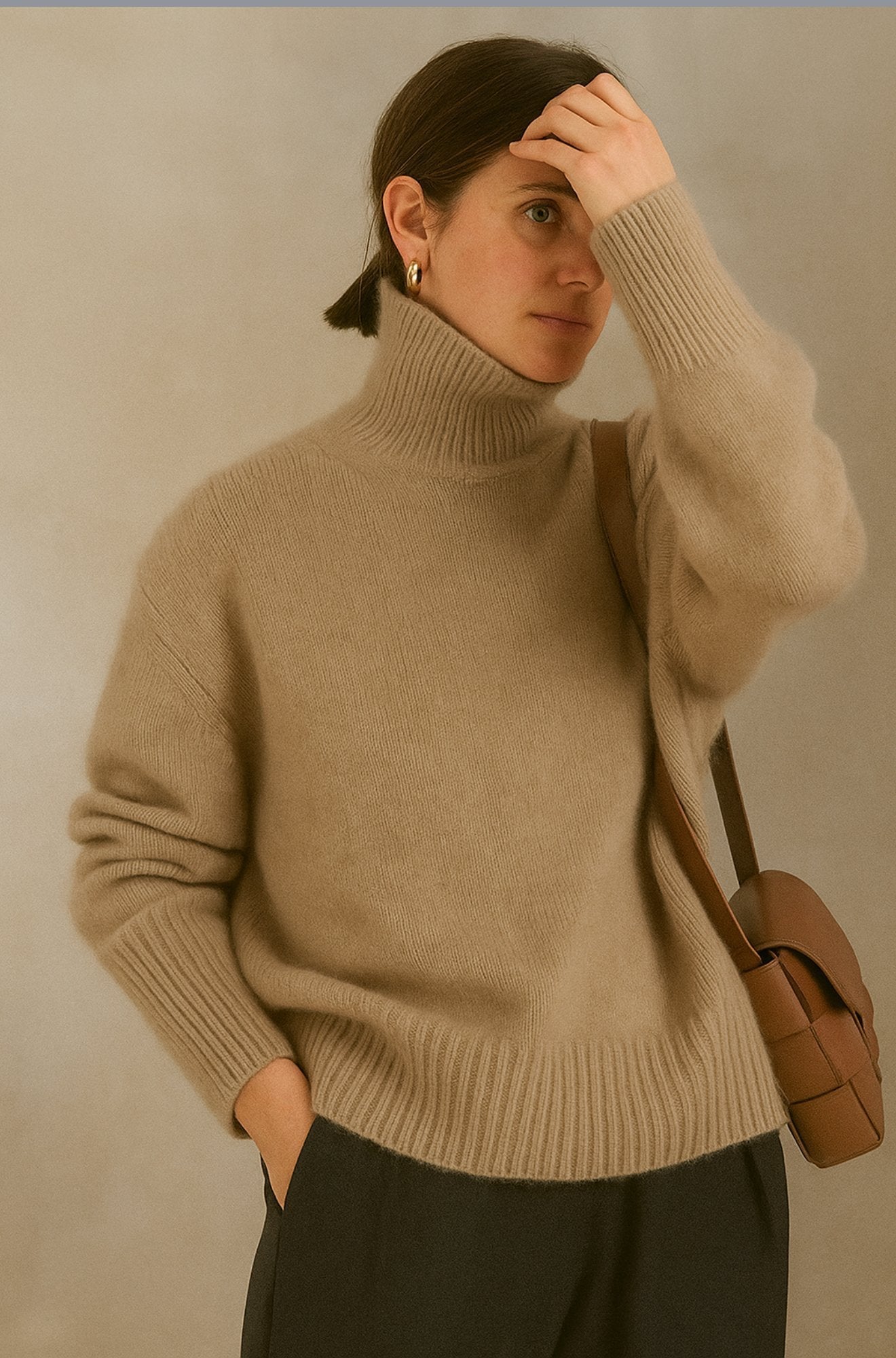 Écharpe Isabella en cachemire beige de Danoir Paris, style montante, douce et élégante pour l'hiver.