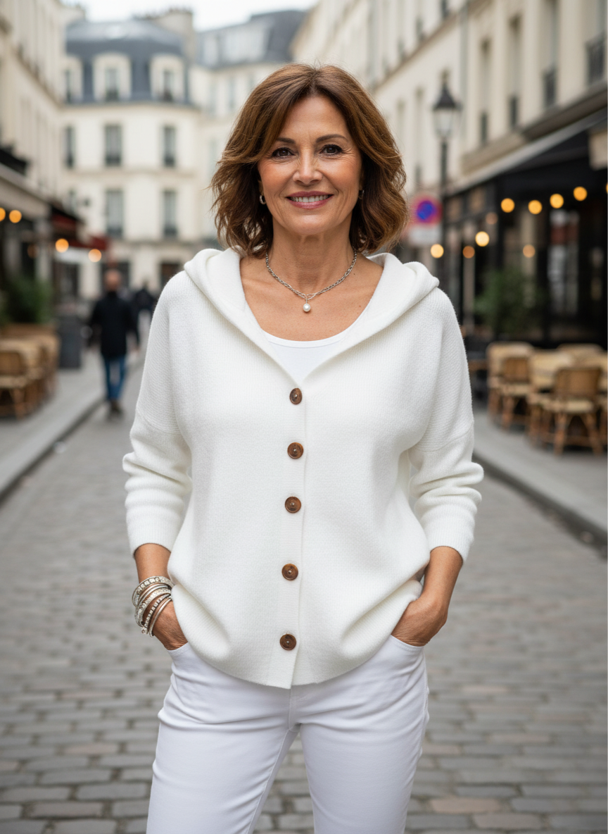 Cardigan élégant Zoey de Danoir Paris en rose, taille XS, avec détails sophistiqués, porté sur un fond neutre.