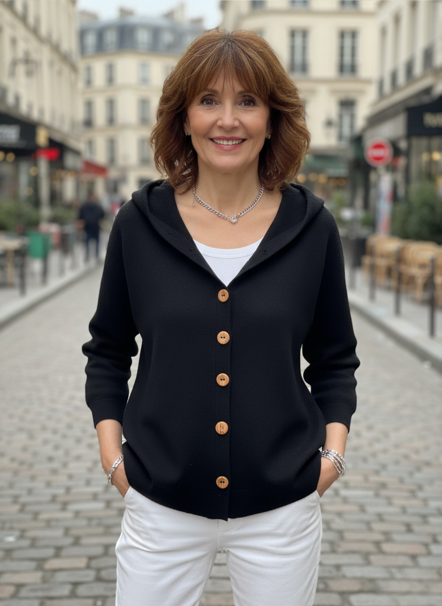 Cardigan élégant Zoey de Danoir Paris, couleur rose, taille XS, porté sur un mannequin.