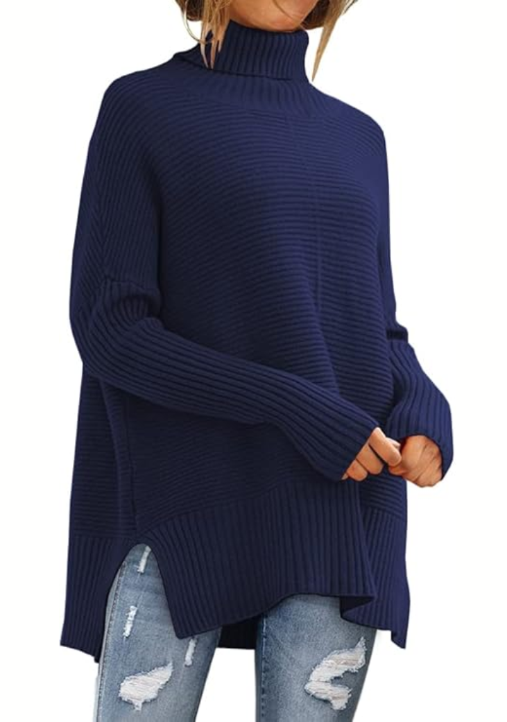 Pull roulé Danoir Paris Anna en tissu confortable bleu marine, style automnal et ajusté pour un look décontracté.