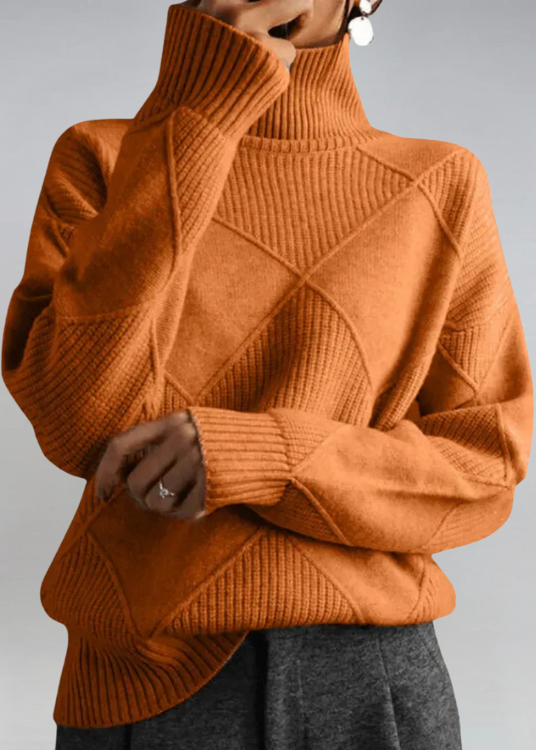 Pull roulé doux et élégant Lauren de Danoir Paris en marron, image montrant le col roulé et la texture du tissu.