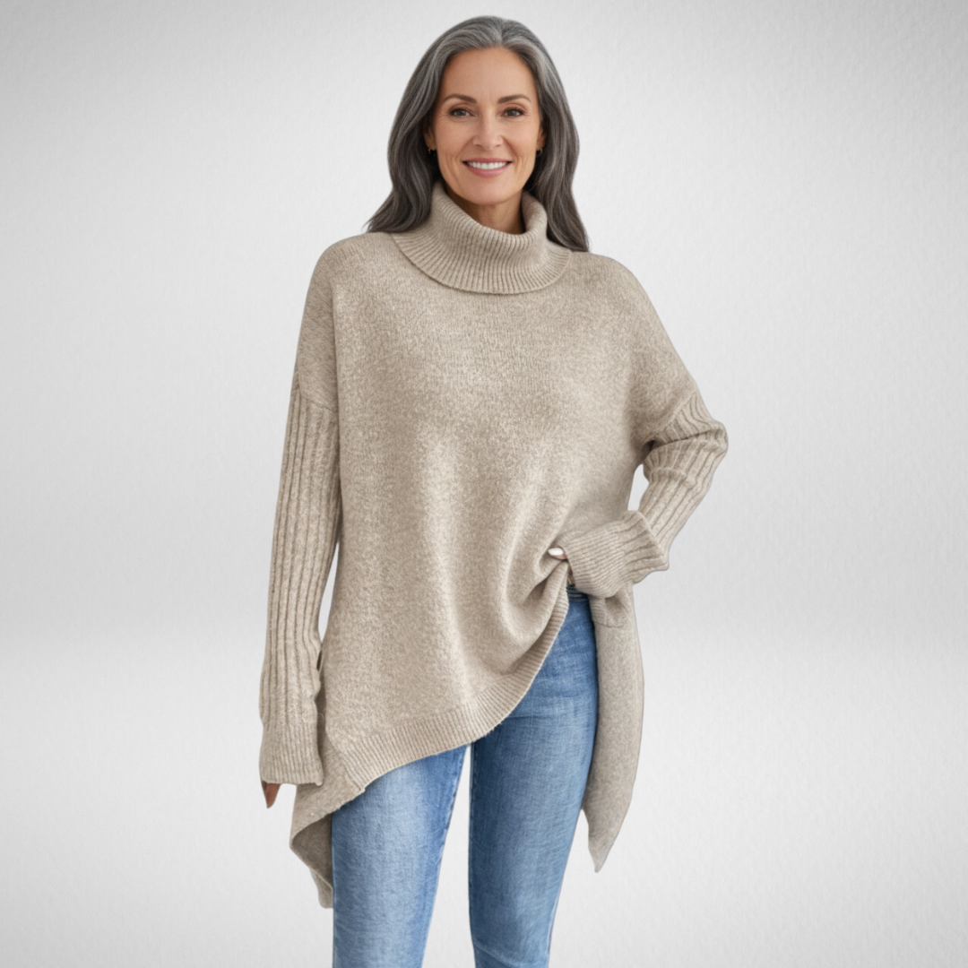 Pull asymétrique beige Isabelle de Danoir Paris, style chic, taille XS, en tissu doux et élégant.