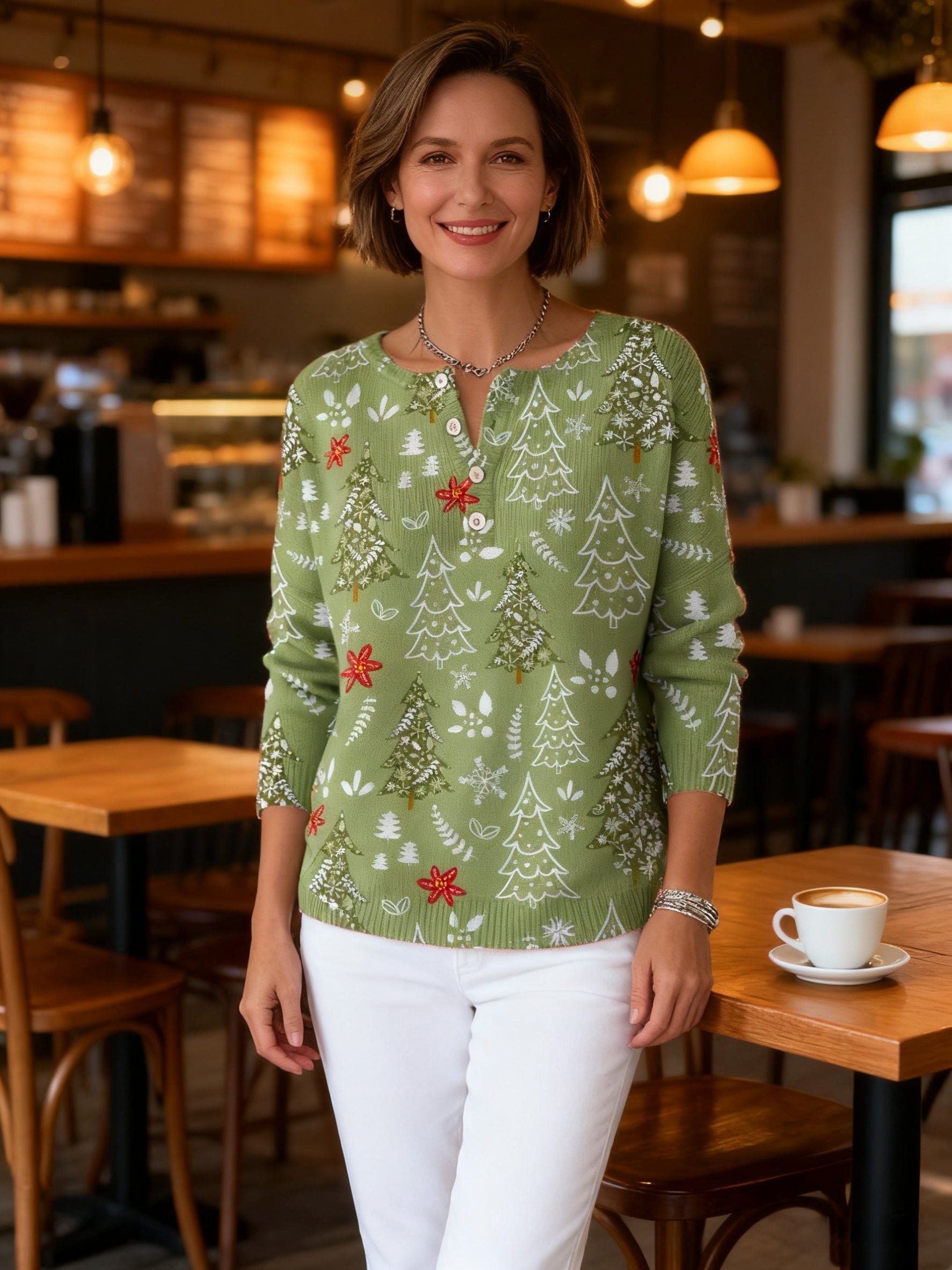 Pull de Noël festif Sofie de Danoir Paris, en vert, avec motifs de saison, porté par un mannequin.