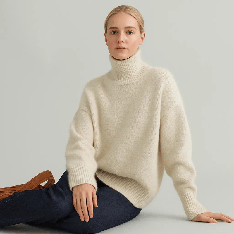 Pull beige Danoir Paris Aurora avec col roulé doux et chic, taille XS, style élégant et confortable.
