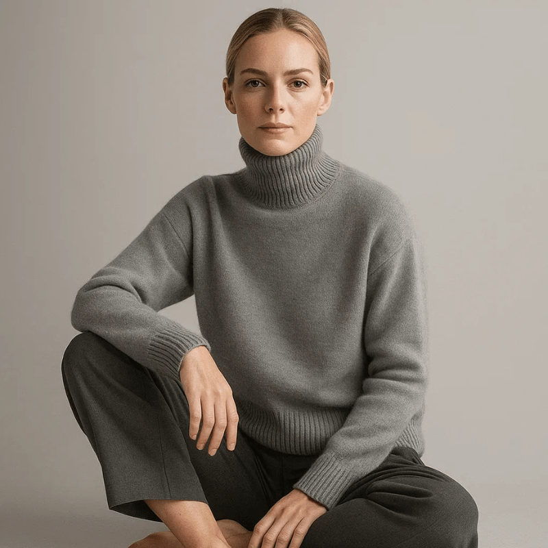 Pull doux col roulé beige Danoir Paris Aurora FR1215, style chic et élégant, porté en XS.
