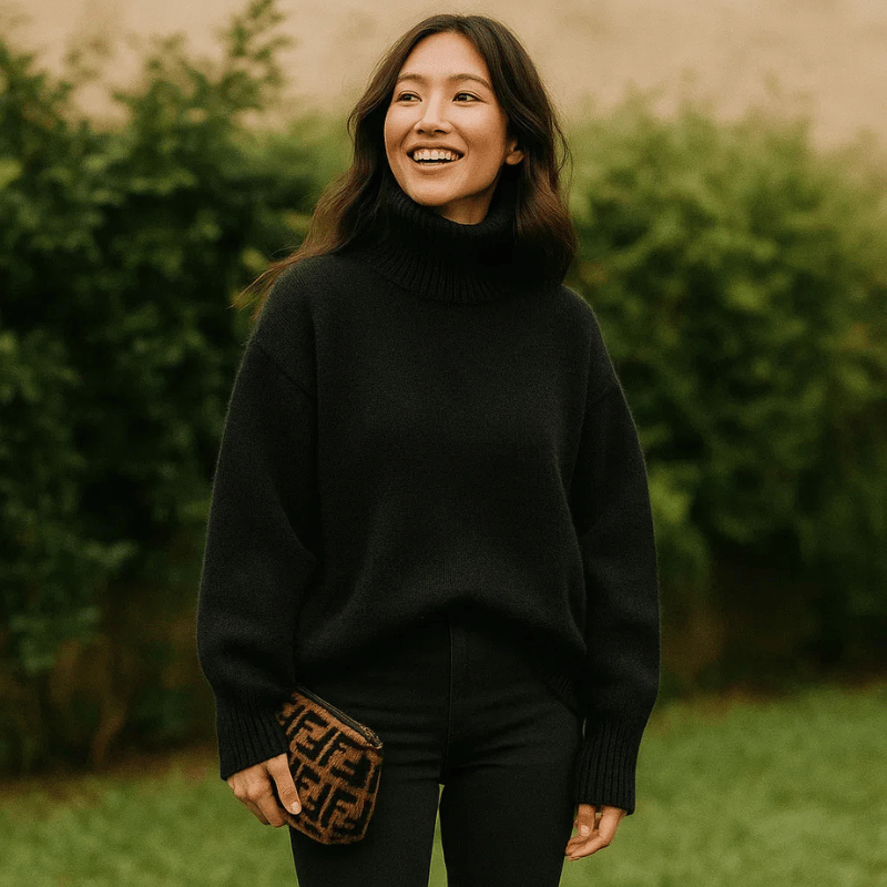Pull beige Danoir Paris Aurora avec col roulé doux et chic, taille XS, style élégant et confortable.