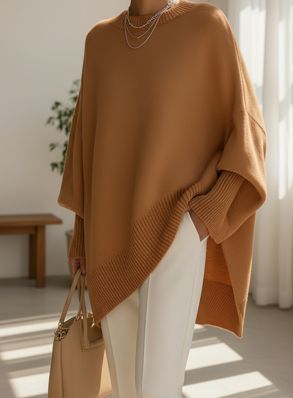 Pull-over oversize élégant Danoir Paris, coloris beige, en tissu doux, porté en vue frontale.