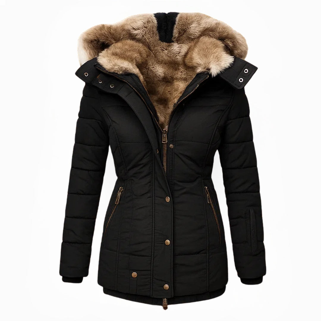 Manteau d'hiver noir Sophia de Danoir Paris, élégant, avec coupe sophistiquée et détails stylés, pour femme.