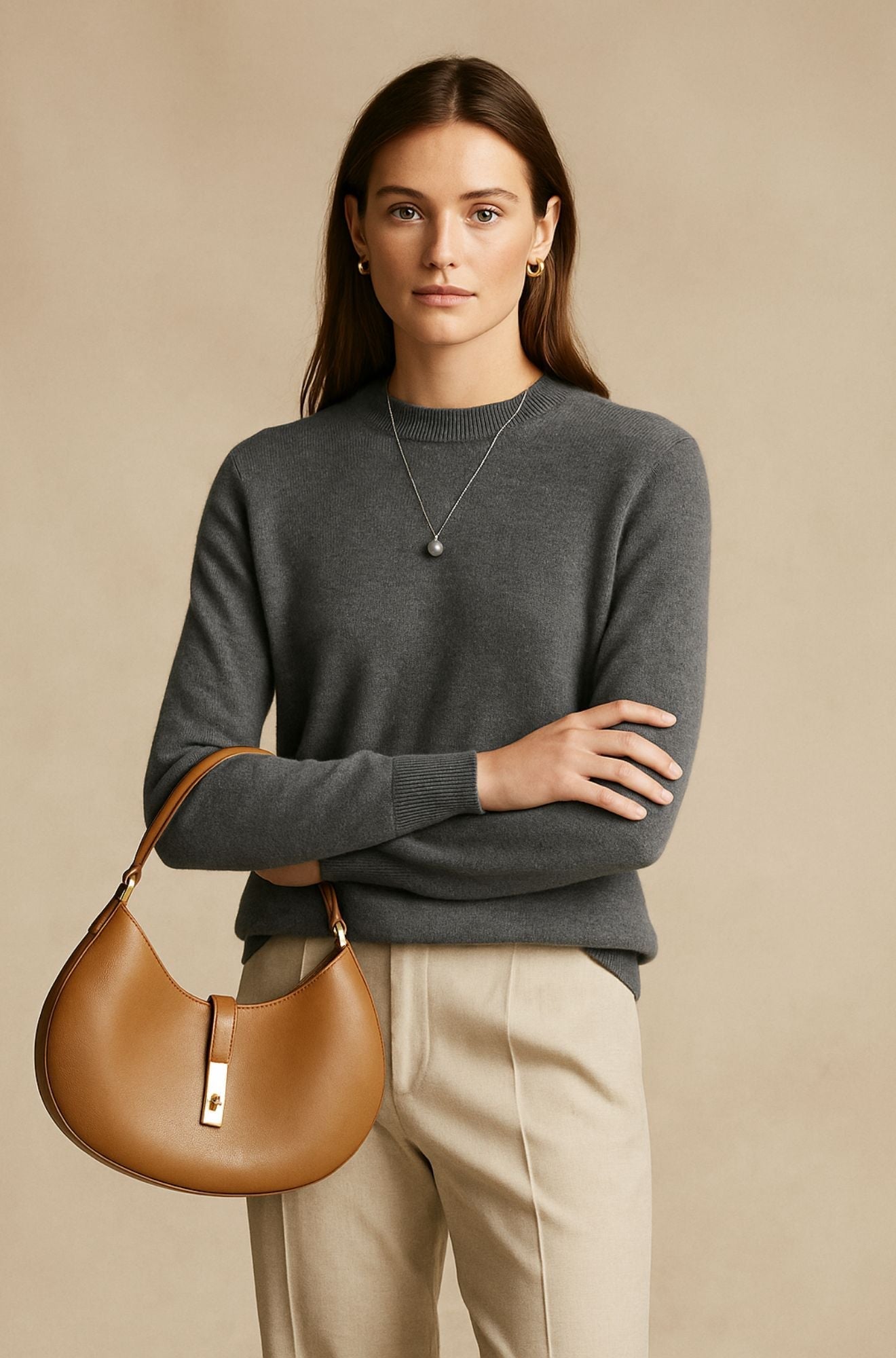 Pull en cachemire gris foncé Danoir Paris FR1287, élégant et doux, porté sur un mannequin, détails du tissu visible.