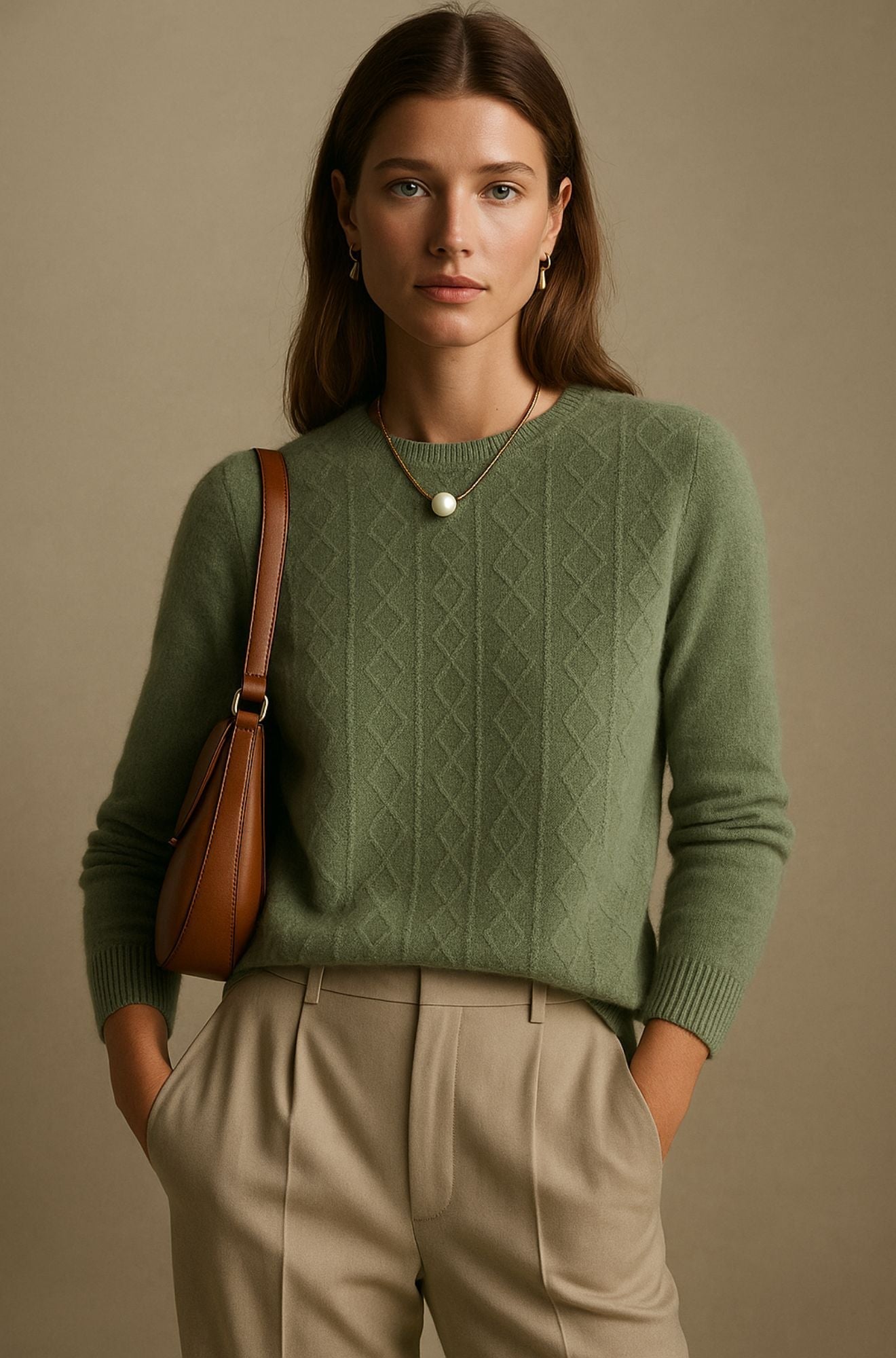 Pull en cachemire beige Danoir Paris Albury, élégant, avec col rond et finition fine, porté sur un mannequin.