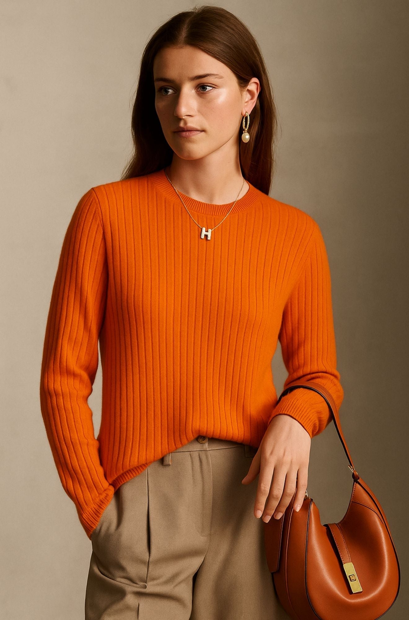 Pull en cachemire élégant Danoir Paris Rowen de couleur marron clair, doux et sophistiqué, porté sur un mannequin.