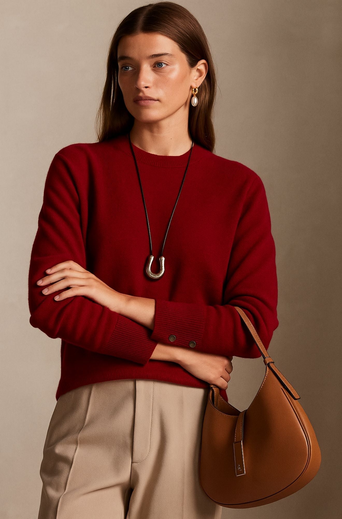 Pull élégant en cachemire Arden Vale de Danoir Paris, couleur beige, porté sur mannequin, détails du tissu et coupe raffinée.